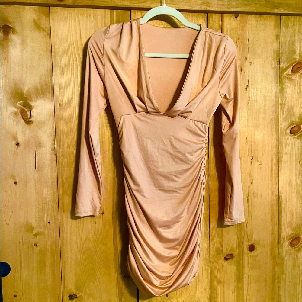 Pink Long Sleeve Cowl Neck Bodycon Mini Dress
